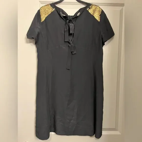 Madewell Black Silk & Gold Sequin Shoulder Accent Back Ribbon Cutout Dress - Picture 3 of 12